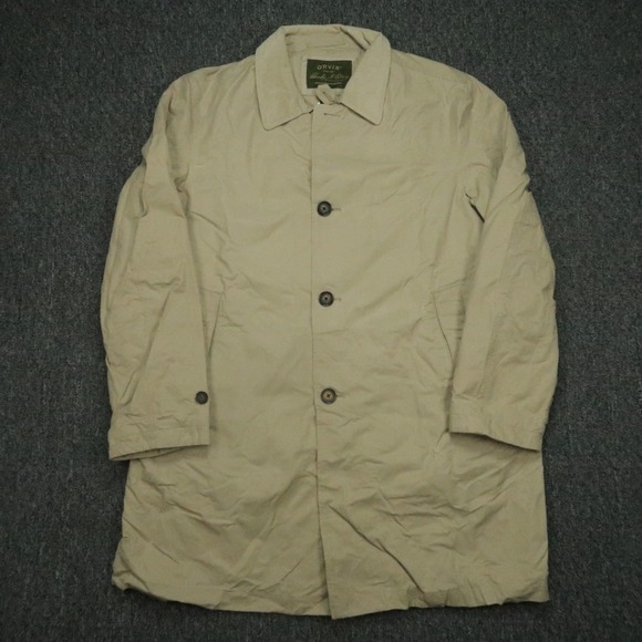 Orvis Jacket Mens Extra Large Long Khaki Tan Wax Cloth Button Hiking Hunting XL